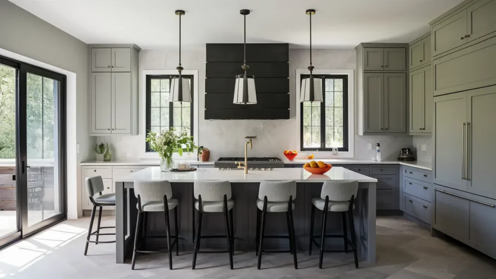 Kitchen Featuring Light Gray Walls, Medium Gray Cabinetry