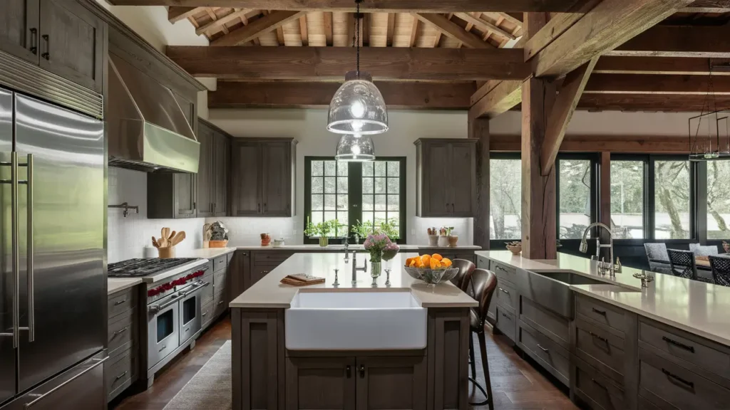 Kitchen With Exposed Wooden Beams, Stainless Steel Appliances