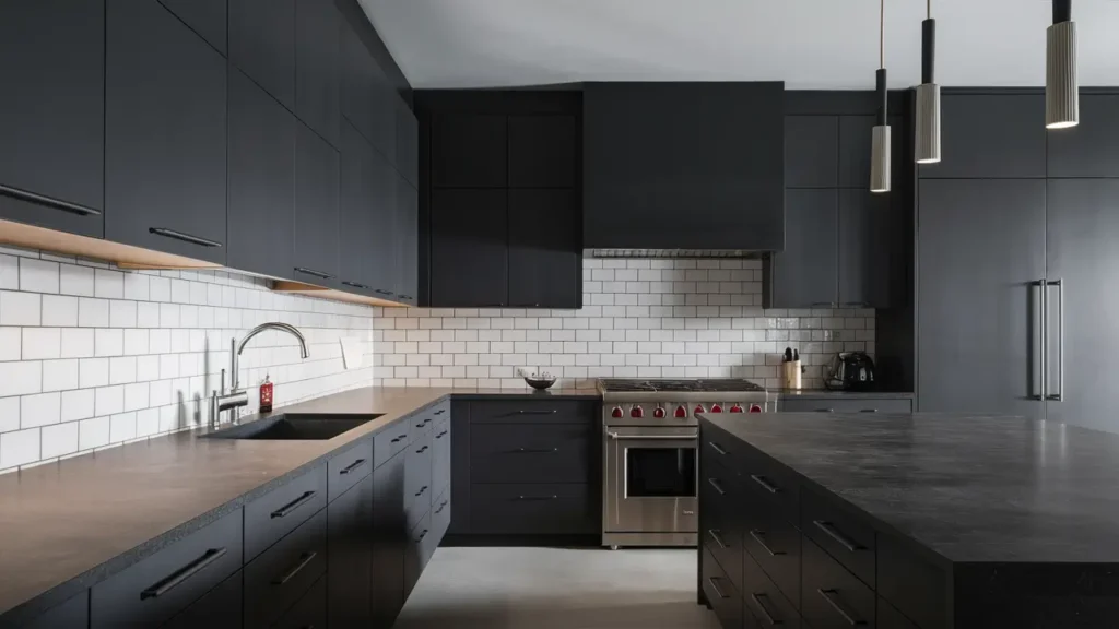 Kitchen With Sleek Black Cabinets And Drawers