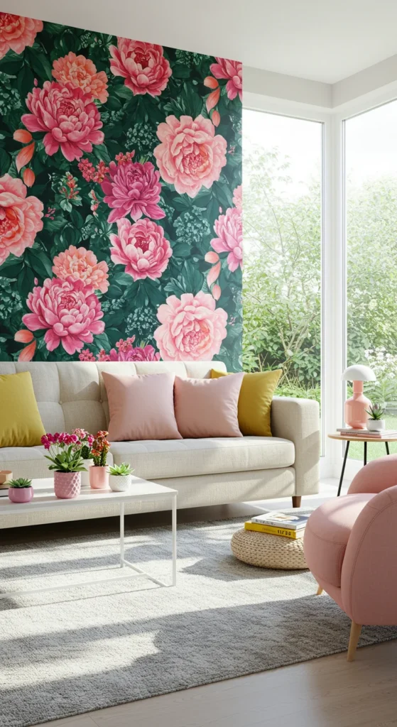 Lively Living Room With Oversized Floral Wallpaper