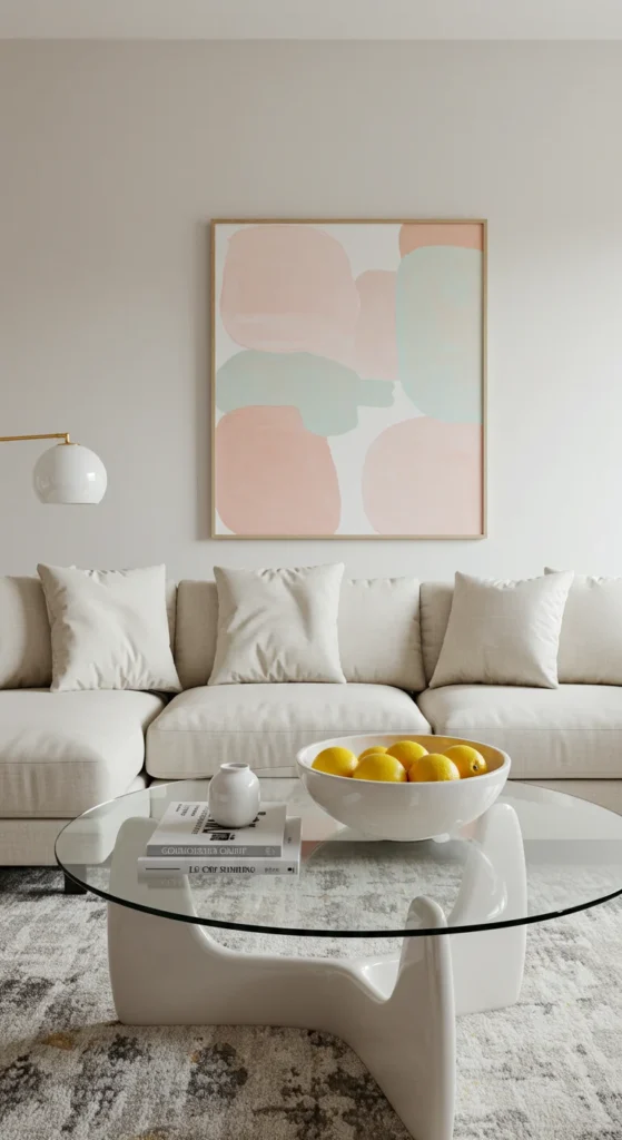 Living Room With A Glass Coffee Table, A Cream-colored Sectional