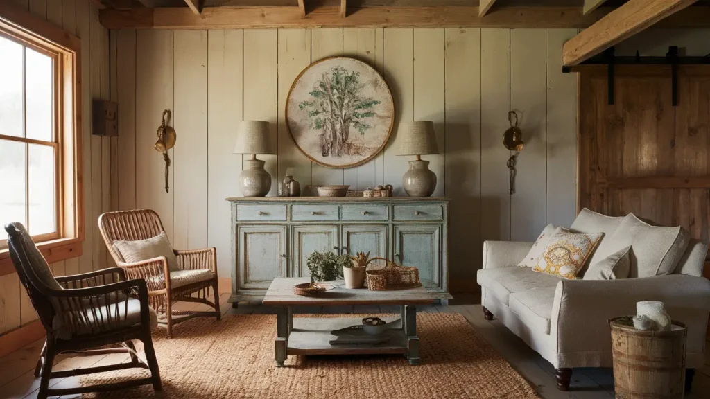 Living Room With A Shabby Chic Wooden Sideboard