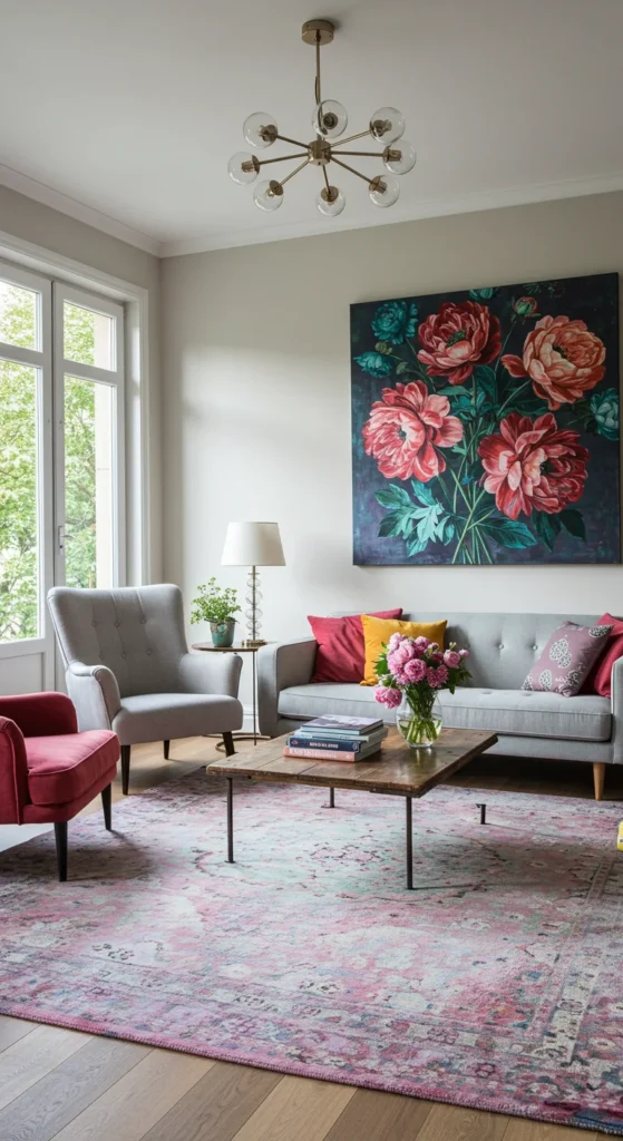 Living Room With Mismatched Furniture, Abstract Floral Artwork