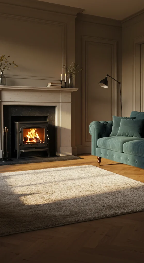 Living Room With Soft Lighting, A Plush Sofa, And A Fireplace