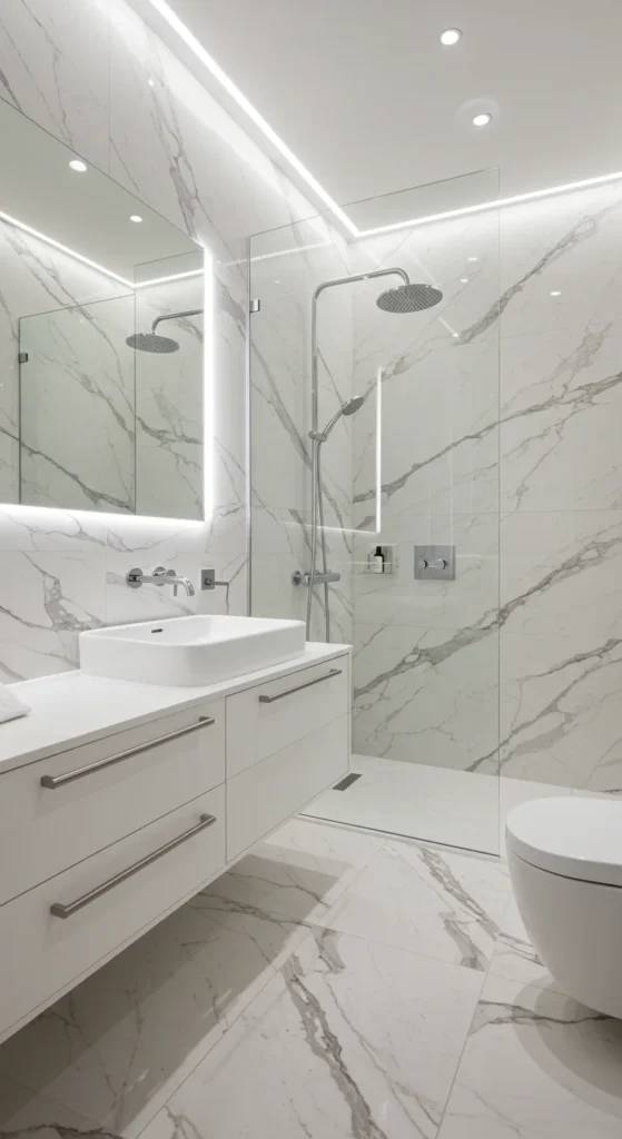 Minimalist Bathroom With White Marble Walls