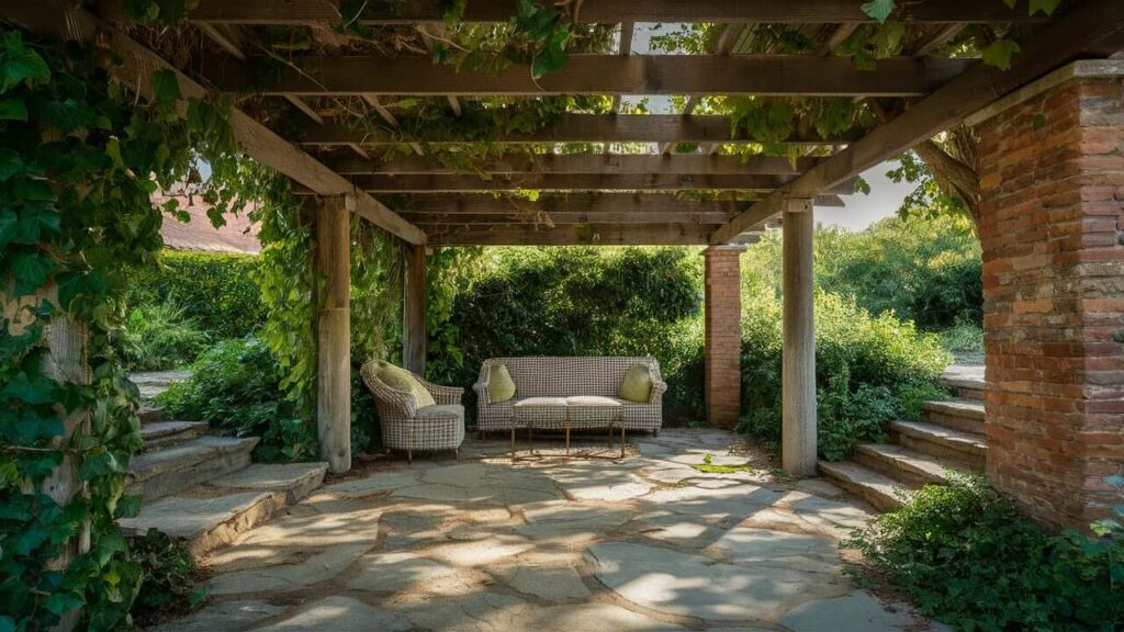 Patio With Stone Pathways, A Wooden Pergola