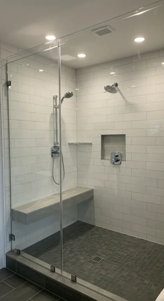 Shower With Frameless Glass Doors, Large-format White Tiles