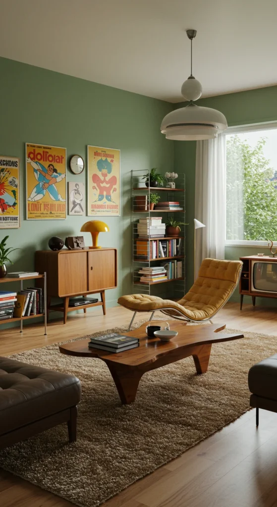 A 1960s-inspired Modern Living Room With Muted Green Walls