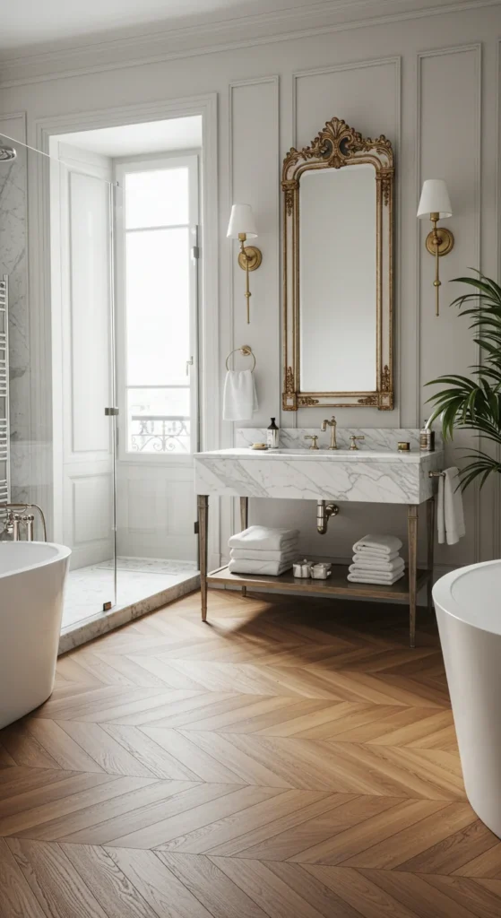 A Parisian-style Bathroom With Classic Wall Sconces