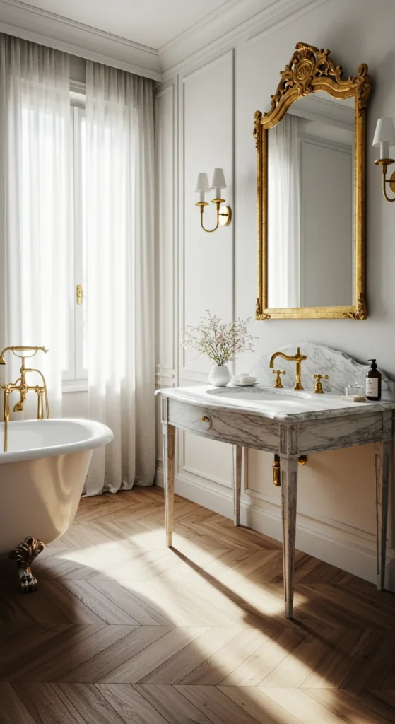 A Parisian-style Bathroom With Herringbone Wood Floors