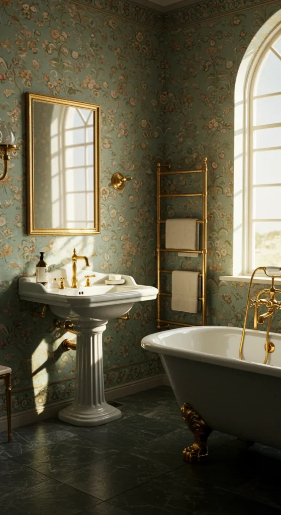 A Victorian-style Bathroom With Floral Wallpaper