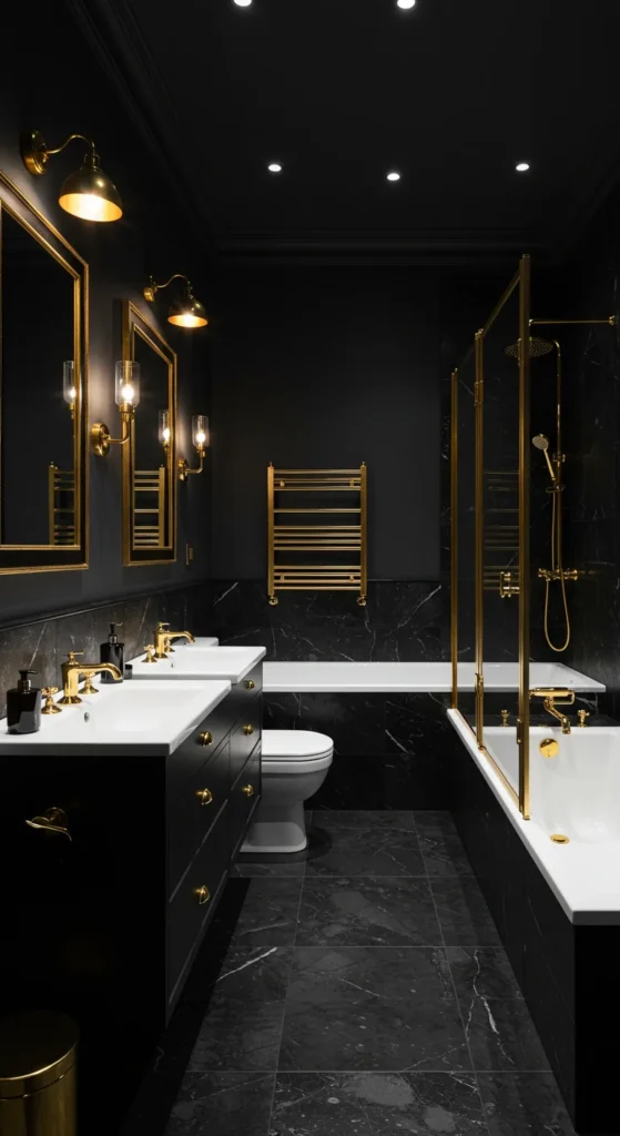 A Bathroom With A Bold Contrast Of Black Walls