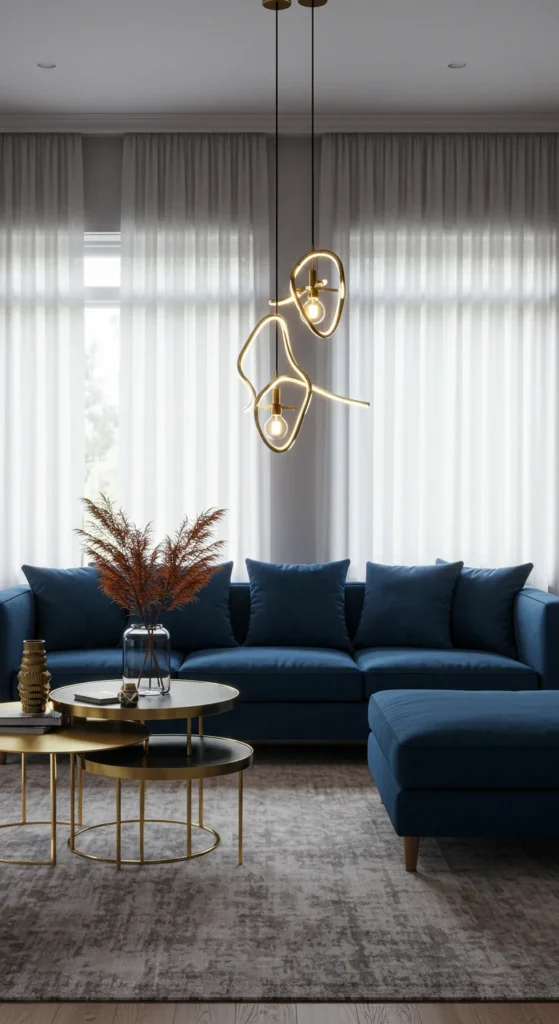 A Bold, Modern Living Space Featuring A Statement Blue Velvet Couch