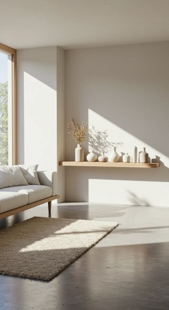 A Calming, Minimalist Living Room With A Low-profile White Couch