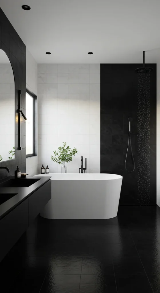 A Contemporary Bathroom With Black And White Decor