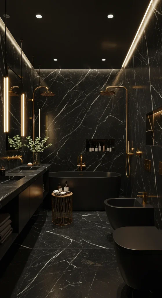 A Dark, Moody Bathroom With Black Marble