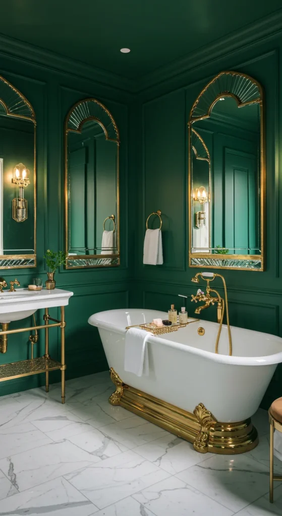 A Glamorous Bathroom With Emerald Green Walls