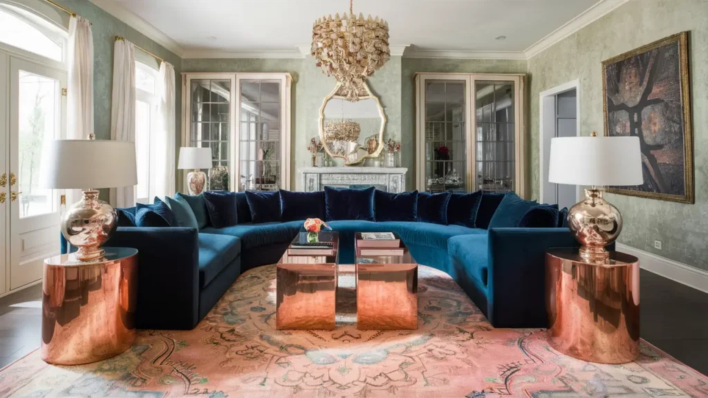 A Glamorous Living Room With An Oversized Velvet Sectional