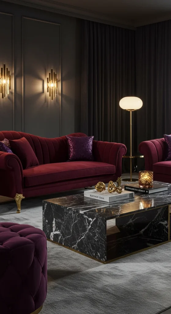 A Glamorous Modern Living Room With Jewel-toned Furniture