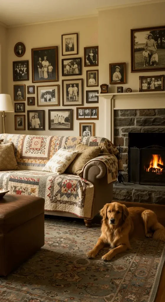 A Living Room Featuring Handmade Quilts On The Sofa