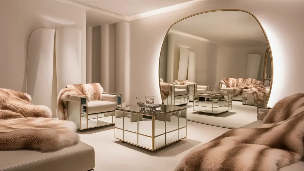 A Luxurious And Refined Interior Design Showcasing A Space With Mirrored