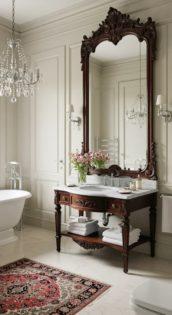 A Luxurious Bathroom With An Antique Vanity