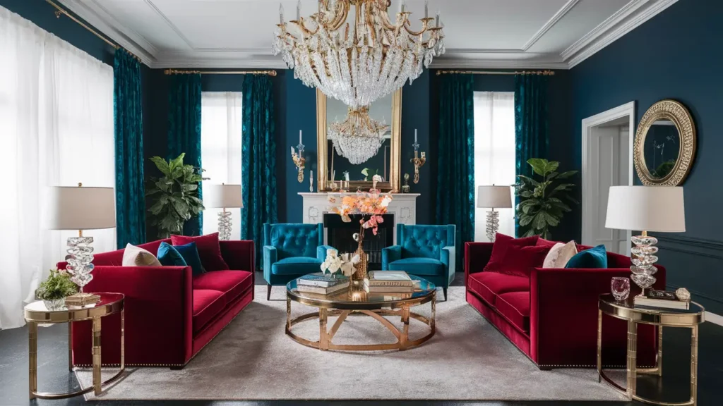 A Luxurious Glam Living Room With Velvet Sofas In Deep Jewel Tones