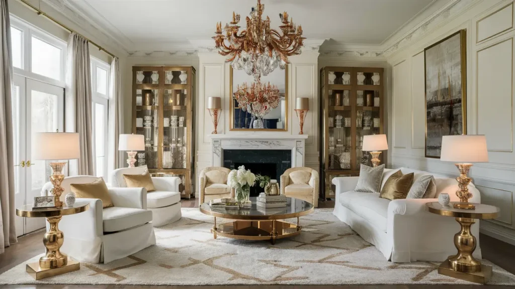 Living Room Featuring A White And Gold Color Palette