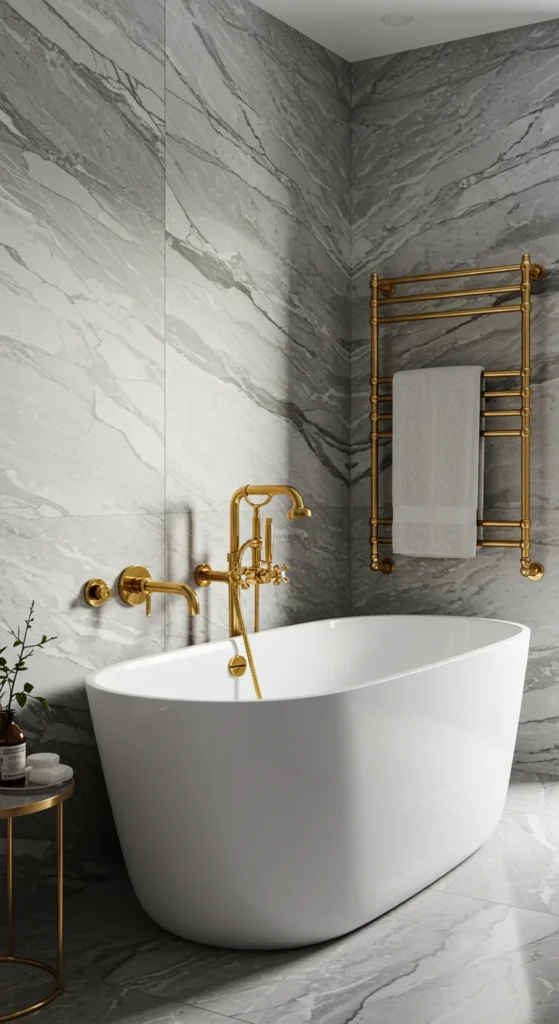 A Modern Bathroom With Marble Walls