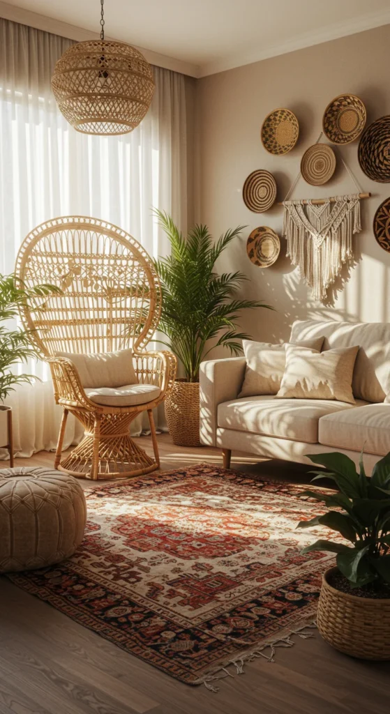 A Modern Boho-chic Living Space With An Oversized Rattan Chair