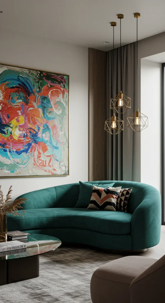 A Modern Living Room With An Oversized Abstract Painting