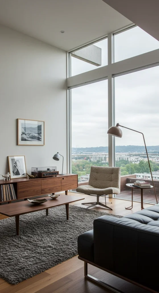 A Modern Living Room With Walnut Wood Furniture