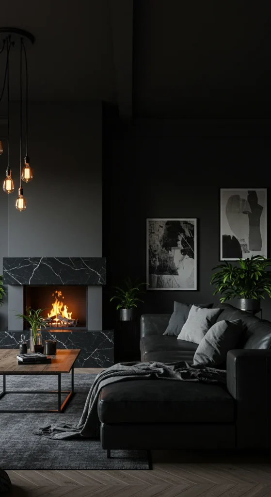 A Moody Modern Living Room With Deep Charcoal Walls