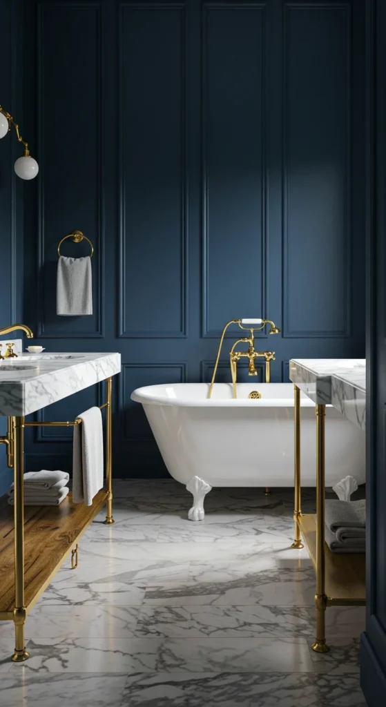 A Navy And Gold Vintage Modern Bathroom