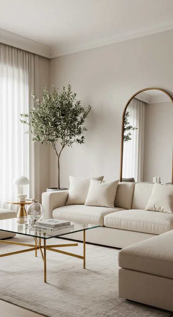 A Perfectly Balanced Minimalist Living Space Featuring A Large Cream Sofa