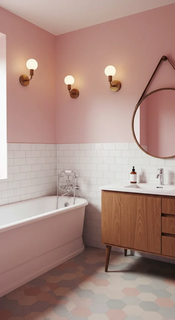 A Retro-modern Bathroom With Pastel Pink Walls