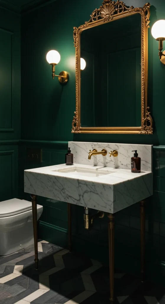 A Rich Emerald Green Bathroom With Modern Marble Sink