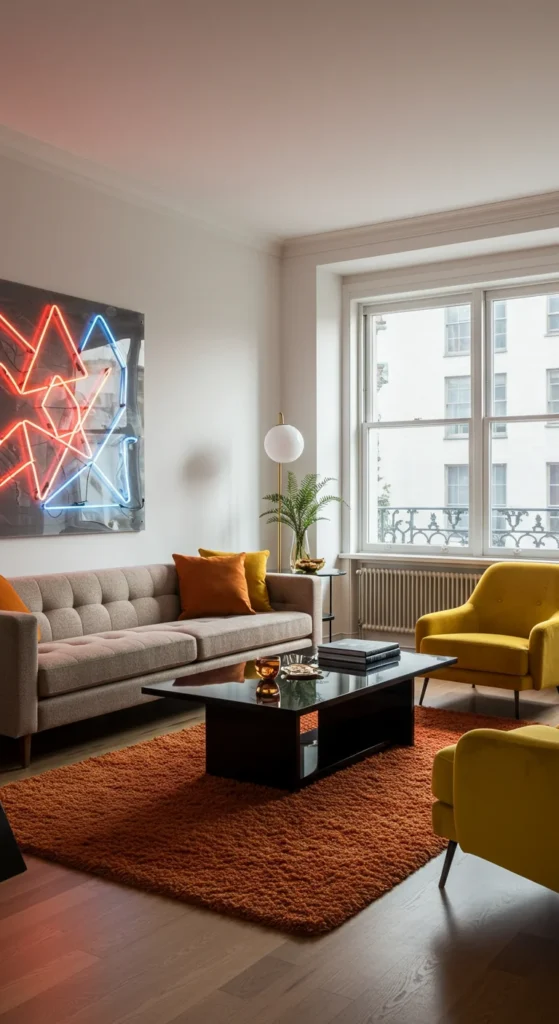 A Sleek Living Room With A Neutral Couch, Vibrant Neon Artwork