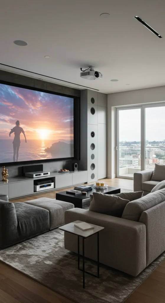 A Sleek Modern Living Room With A Retractable Projector Screen