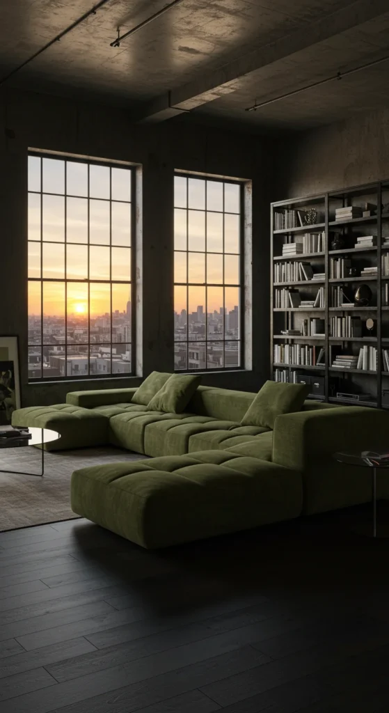 A Sleek, Modern Loft Living Room With Dark Hardwood Floors