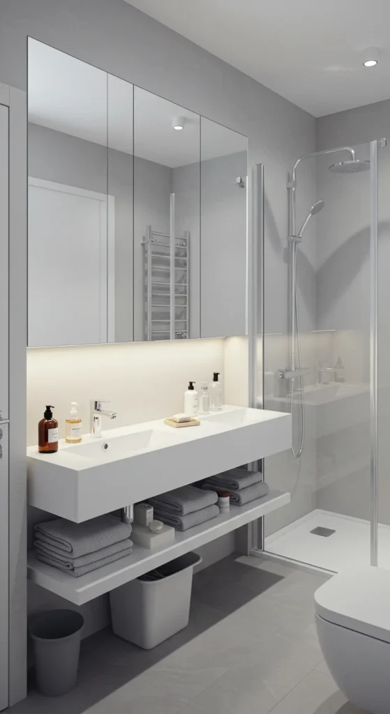 A Small Bathroom With Floor-to-ceiling Mirrors