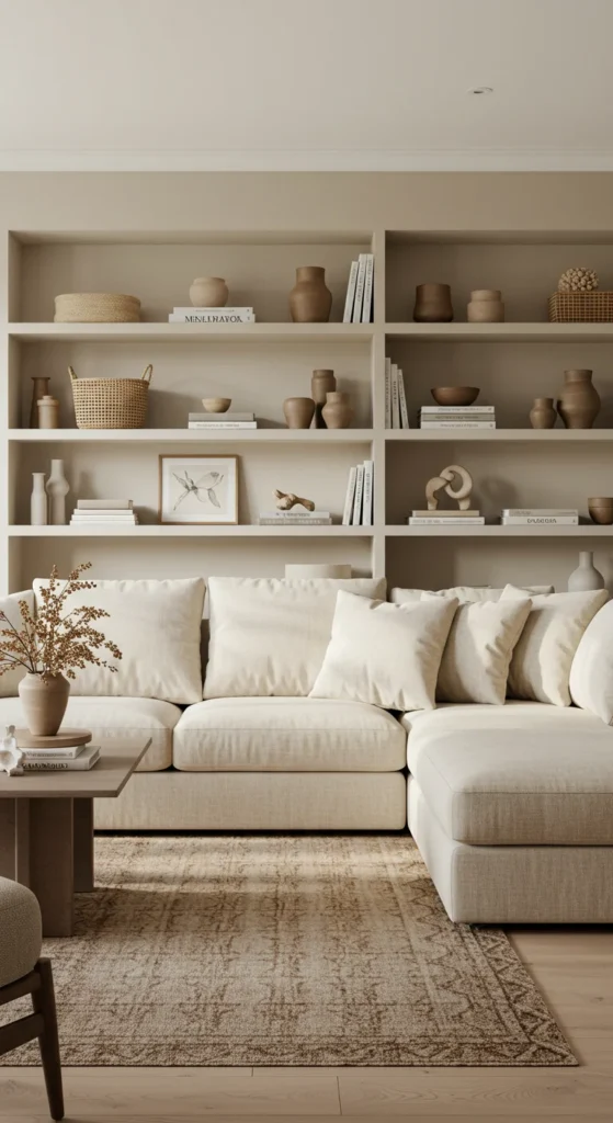 A Soft, Neutral Modern Living Room With Off-white Walls