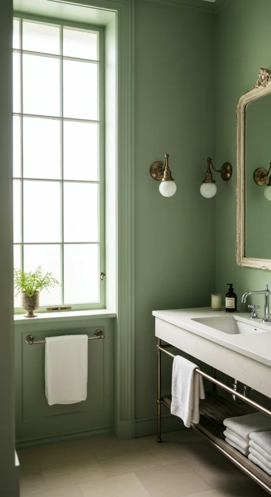 A Soft Sage Green Bathroom With Vintage Sconces