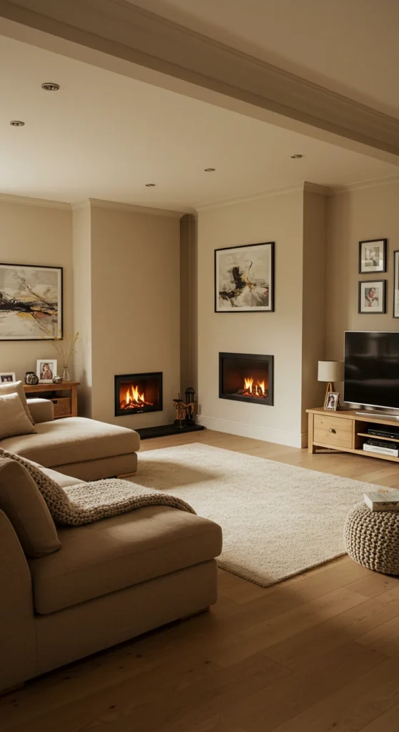 A Spacious, Open-plan Family Room With A Fireplace