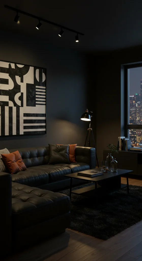 A Stylish Bachelor Pad Living Room With Matte Black Walls