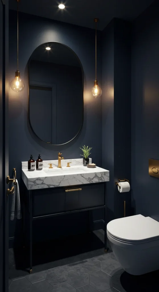 A Stylish Half-bath With Dark Navy Walls