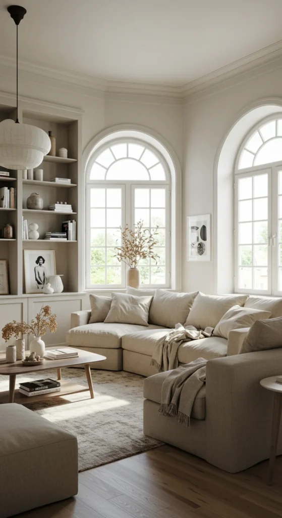 A Sunlit Living Room With Large Arched Windows