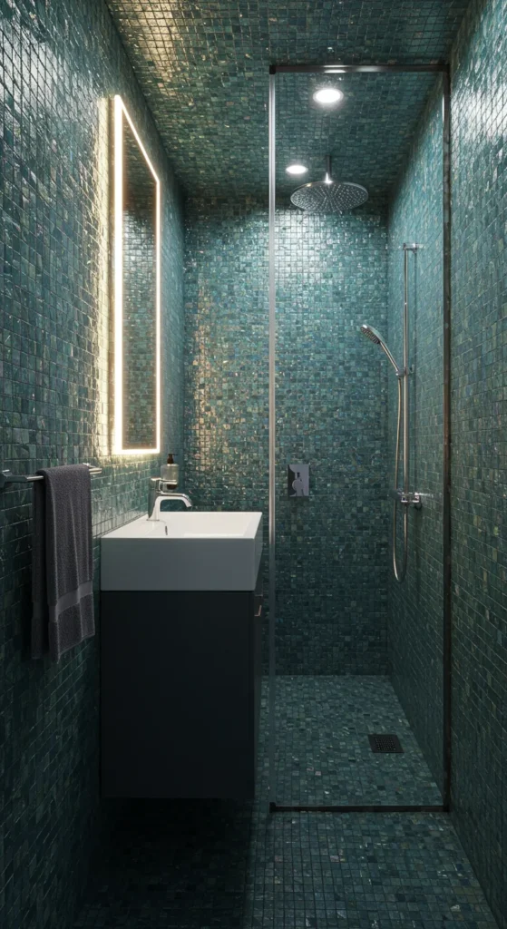 A Tiny Luxury Bathroom With Mosaic Tiles