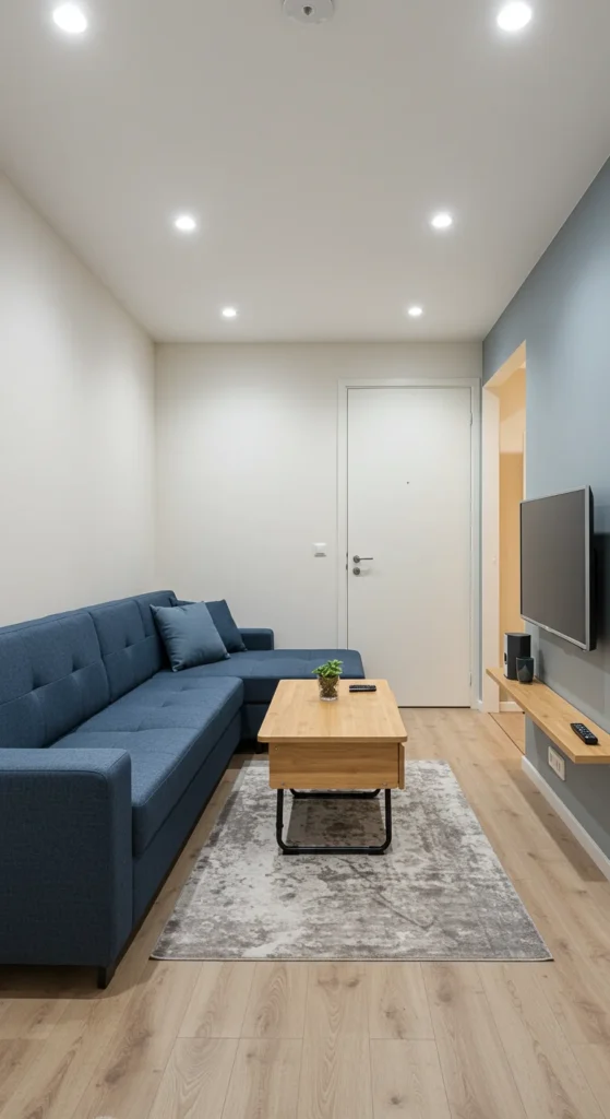 A Tiny Modern Living Room With A Space-saving Sectional