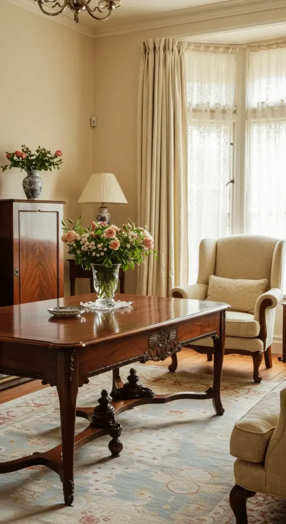 A Traditional Living Room With A Large Bay Window With Lace Curtains